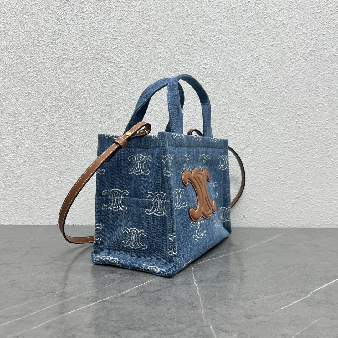 Celine Small Cabas Thais In Denim With Triomphe All-Over Embroidery And Calfskin Navy/Tan 199162